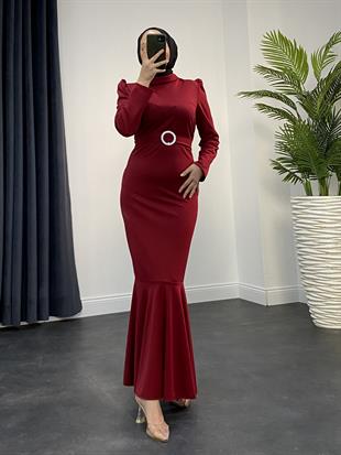 Hazel Altı Volan Elbise Bordo