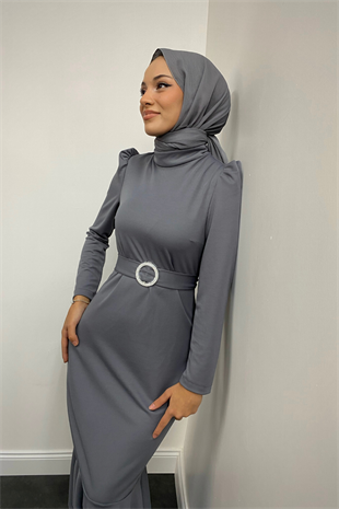 Hazel Altı Volan Elbise Gri