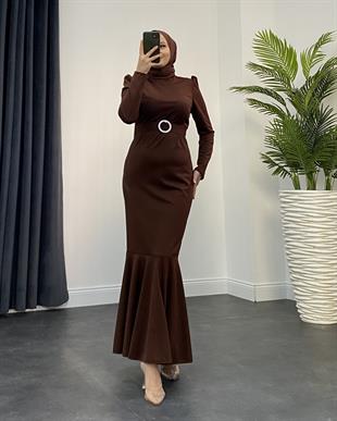 Hazel Altı Volan Elbise Kahverengi