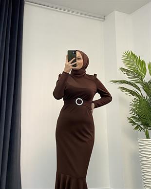 Hazel Altı Volan Elbise Kahverengi