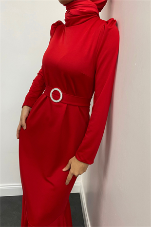 Hazel Altı Volan Elbise Kırmızı