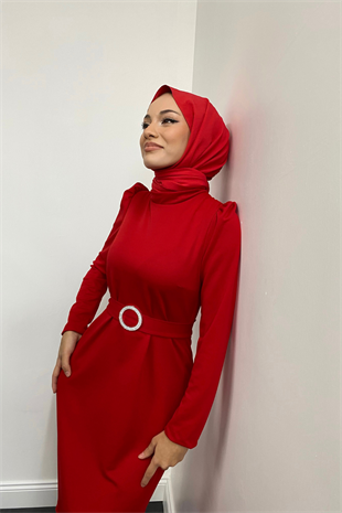 Hazel Altı Volan Elbise Kırmızı