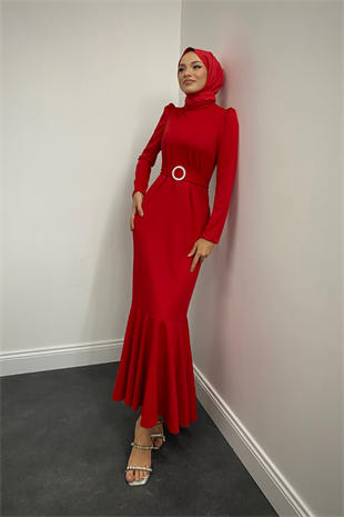 Hazel Altı Volan Elbise Kırmızı