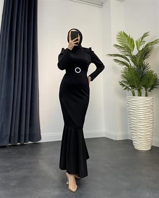 Hazel Altı Volan Elbise Siyah