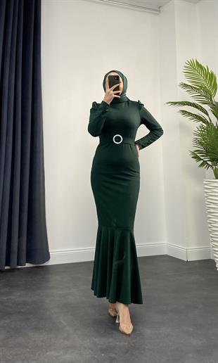 Hazel Altı Volan Elbise Zümrüt