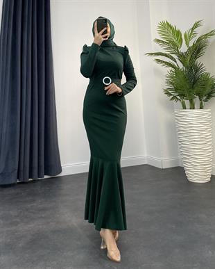 Hazel Altı Volan Elbise Zümrüt