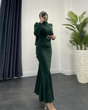 Hazel Altı Volan Elbise Zümrüt