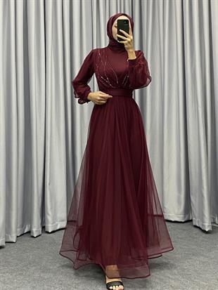 Helena Önü Taşlı Abiye Bordo