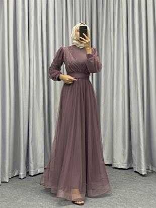 Helena Önü Taşlı Abiye Gül Kurusu