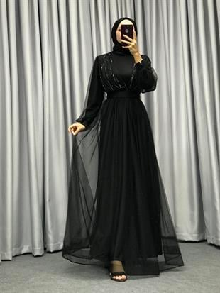 Helena Önü Taşlı Abiye Siyah