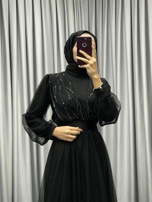 Helena Önü Taşlı Abiye Siyah