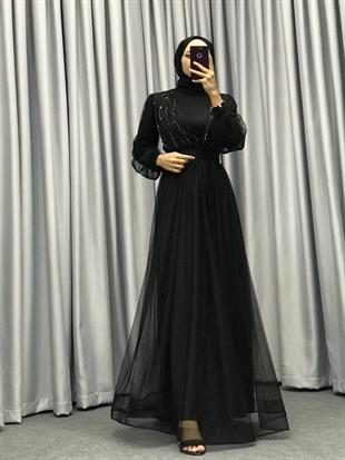 Helena Önü Taşlı Abiye Siyah