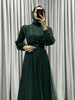 Helena Önü Taşlı Abiye Yeşil