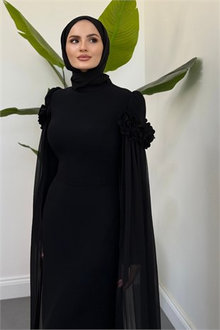 Heloria Yanları Pelerinli Taşlı Abiye Siyah 