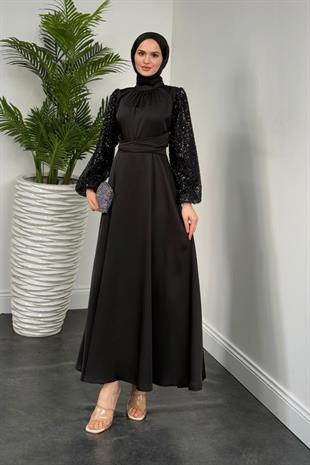 Hemeris Kolları Boncuk İşleme Saten Abiye Siyah