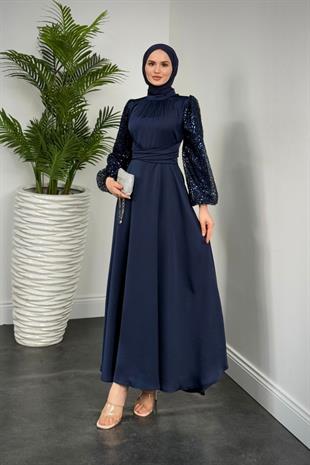 Hemeris Kolları Boncuk İşleme Saten Abiye Lacivert
