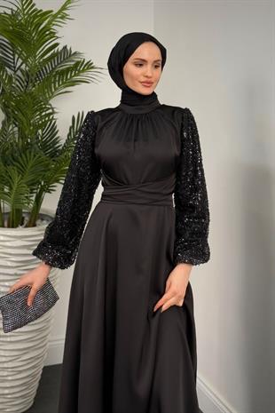 Hemeris Kolları Boncuk İşleme Saten Abiye Siyah
