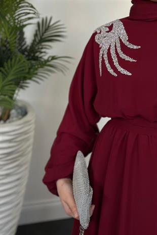 Hilla Omzu Taşlı Abiye Bordo
