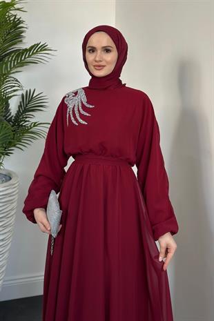 Hilla Omzu Taşlı Abiye Bordo