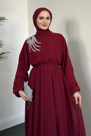 Hilla Omzu Taşlı Abiye Bordo