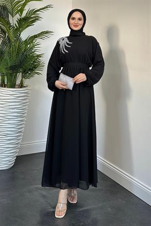Hilla Omzu Taşlı Abiye Siyah