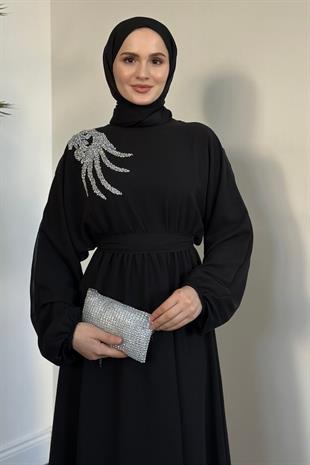Hilla Omzu Taşlı Abiye Siyah