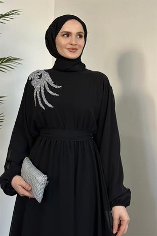 Hilla Omzu Taşlı Abiye Siyah