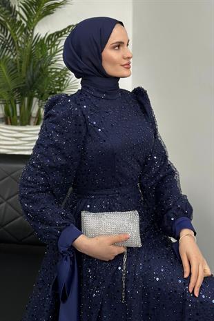 Hilly Kolları Fiyonk Saten Abiye Lacivert