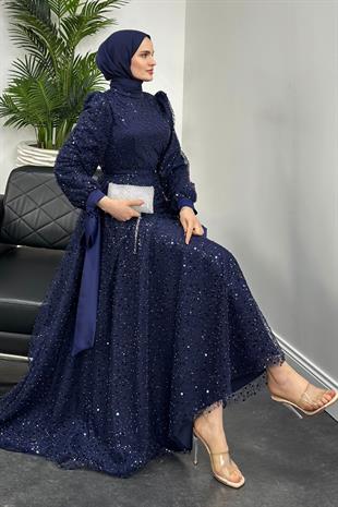 Hilly Kolları Fiyonk Saten Abiye Lacivert
