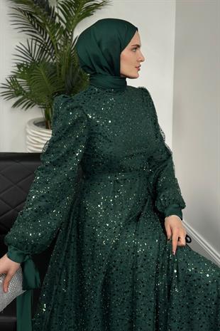 Hilly Kolları Fiyonk Saten Abiye Zümrüt