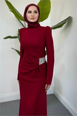 Holy Yandan Fiyonklu Taşlı Balık Abiye Bordo 