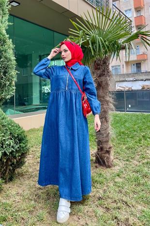 İki Cepli Fermuarlı Kot Elbise LACİVERT