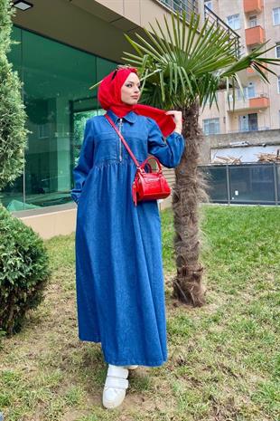 İki Cepli Fermuarlı Kot Elbise LACİVERT
