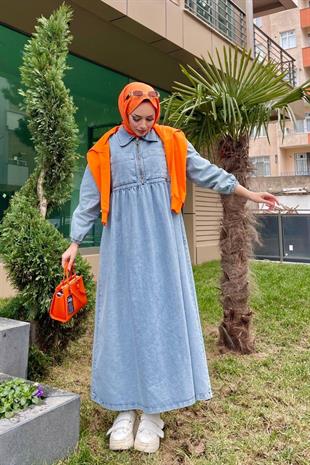 İki Cepli Fermuarlı Kot Elbise Mavi