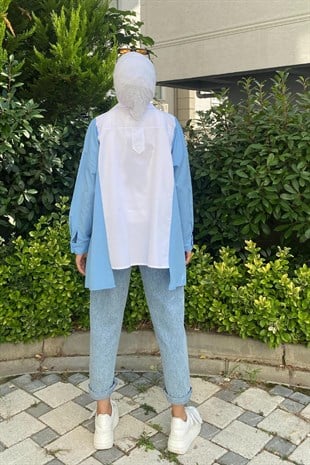 İki Renkli Poplin Tesettür Tunik Mavi