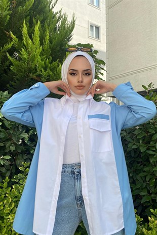 İki Renkli Poplin Tesettür Tunik Mavi