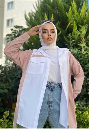İki Renkli Poplin Tesettür Tunik Pudra