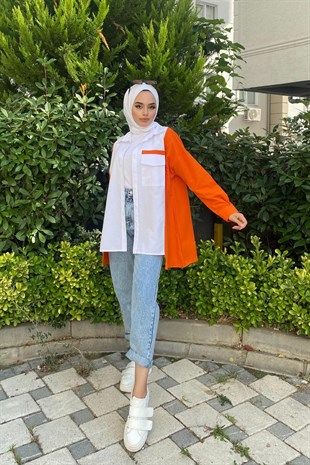 İki Renkli Poplin Tesettür Tunik Turuncu