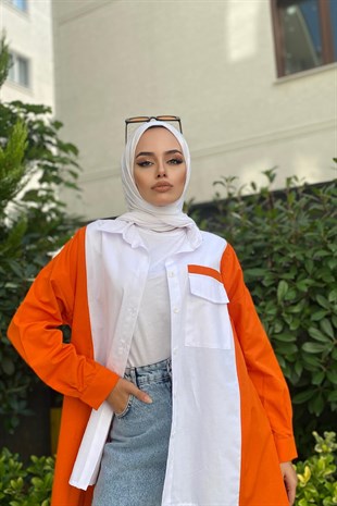 İki Renkli Poplin Tesettür Tunik Turuncu