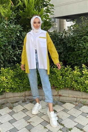 İki Renkli Poplin Tesettür Tunik Yağ Yeşili