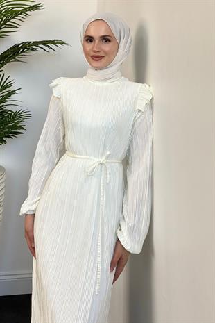 Imelda Omzu Fırfır Balık Abiye Beyaz