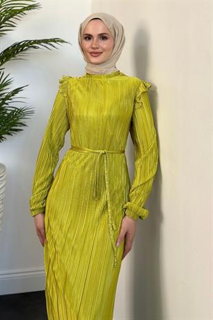 Imelda Omzu Fırfır Balık Abiye Yağ Yeşili