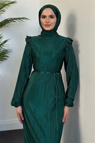 Imelda Omzu Fırfır Balık Abiye Zümrüt