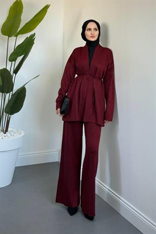 İnfinito Simli Kuşaklı Triko Takım Bordo