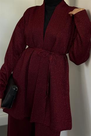 İnfinito Simli Kuşaklı Triko Takım Bordo