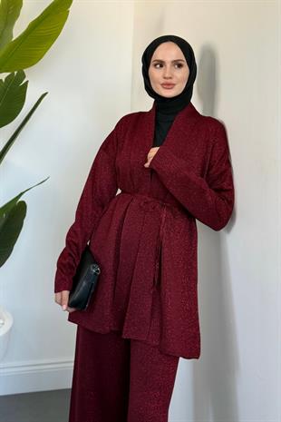 İnfinito Simli Kuşaklı Triko Takım Bordo