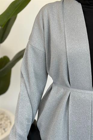 İnfinito Simli Kuşaklı Triko Takım Gri