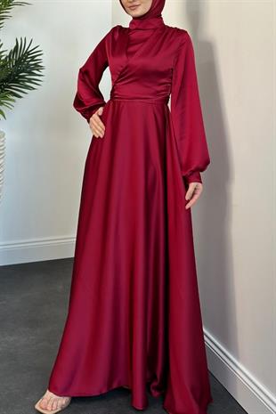 Isabella Kruvaze Detay Saten Abiye Bordo