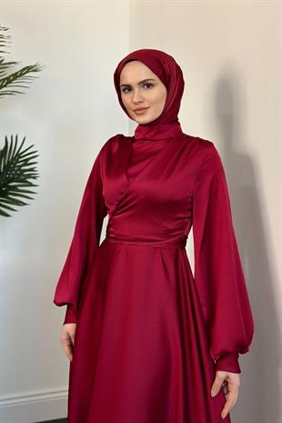Isabella Kruvaze Detay Saten Abiye Bordo