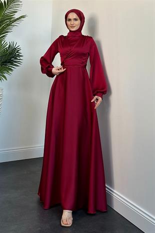 Isabella Kruvaze Detay Saten Abiye Bordo